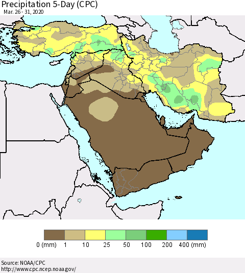 Middle East and Turkey Precipitation 5-Day (CPC) Thematic Map For 3/26/2020 - 3/31/2020