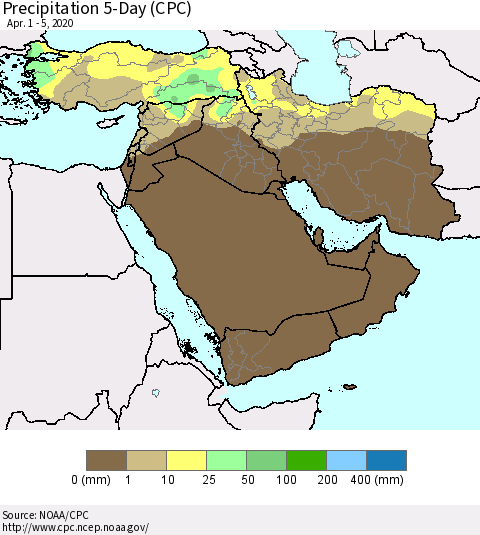 Middle East and Turkey Precipitation 5-Day (CPC) Thematic Map For 4/1/2020 - 4/5/2020
