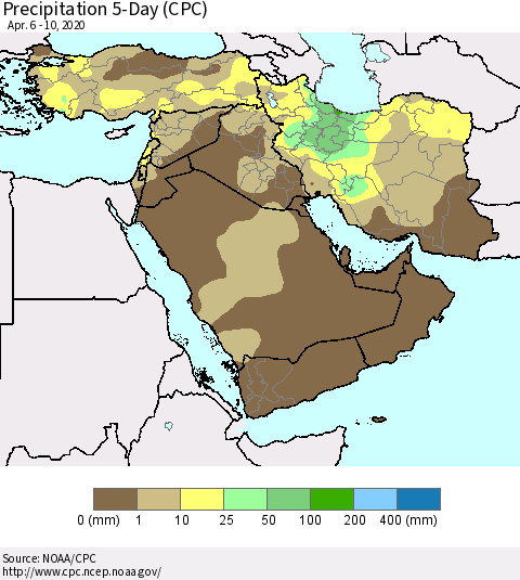 Middle East and Turkey Precipitation 5-Day (CPC) Thematic Map For 4/6/2020 - 4/10/2020