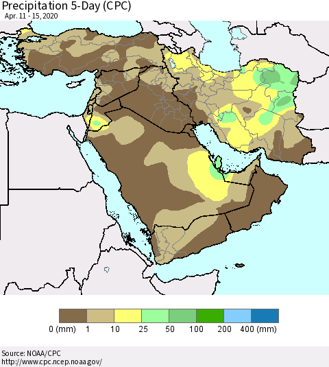 Middle East and Turkey Precipitation 5-Day (CPC) Thematic Map For 4/11/2020 - 4/15/2020