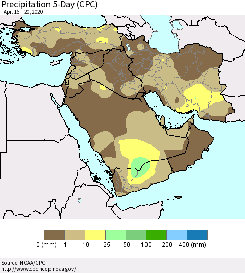 Middle East and Turkey Precipitation 5-Day (CPC) Thematic Map For 4/16/2020 - 4/20/2020