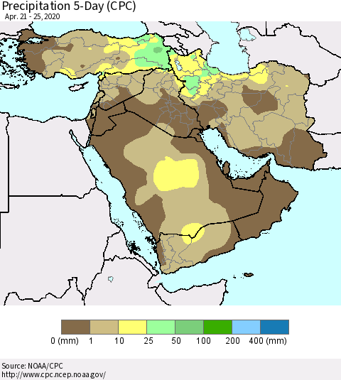Middle East and Turkey Precipitation 5-Day (CPC) Thematic Map For 4/21/2020 - 4/25/2020