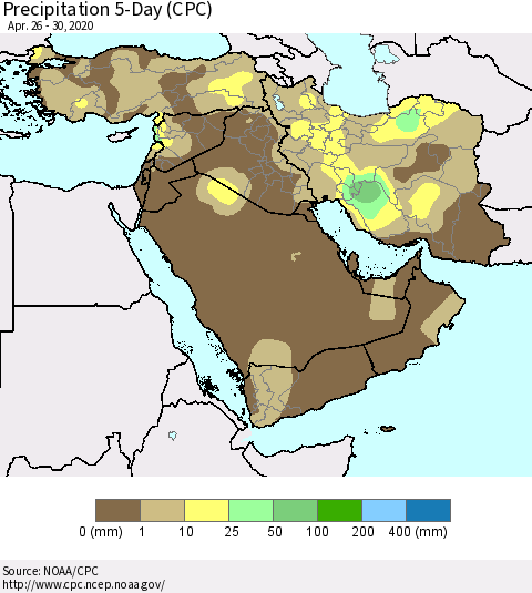 Middle East and Turkey Precipitation 5-Day (CPC) Thematic Map For 4/26/2020 - 4/30/2020