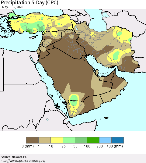 Middle East and Turkey Precipitation 5-Day (CPC) Thematic Map For 5/1/2020 - 5/5/2020