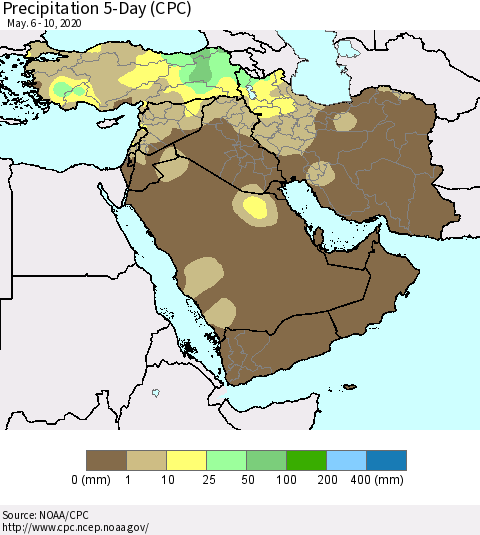 Middle East and Turkey Precipitation 5-Day (CPC) Thematic Map For 5/6/2020 - 5/10/2020