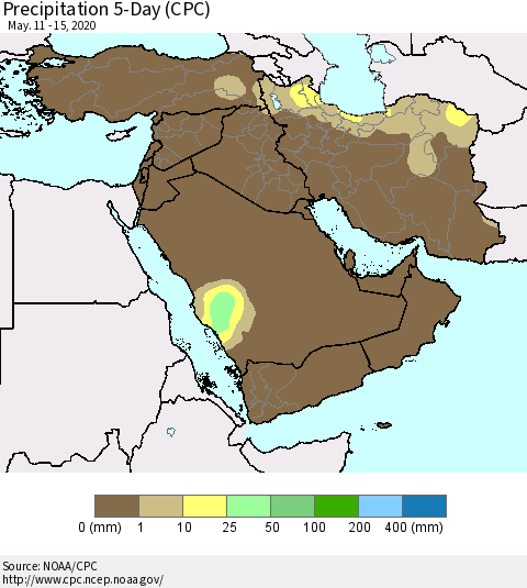 Middle East and Turkey Precipitation 5-Day (CPC) Thematic Map For 5/11/2020 - 5/15/2020