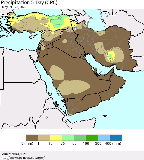Middle East and Turkey Precipitation 5-Day (CPC) Thematic Map For 5/21/2020 - 5/25/2020