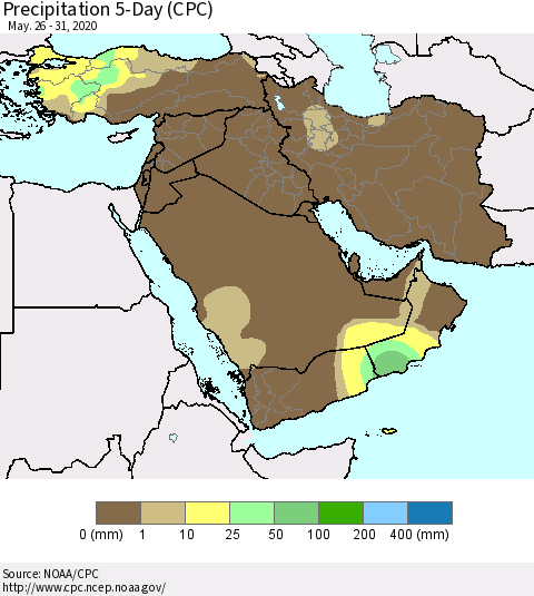 Middle East and Turkey Precipitation 5-Day (CPC) Thematic Map For 5/26/2020 - 5/31/2020