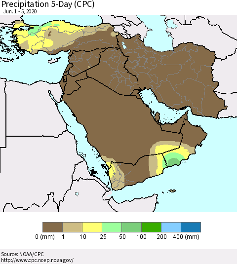 Middle East and Turkey Precipitation 5-Day (CPC) Thematic Map For 6/1/2020 - 6/5/2020