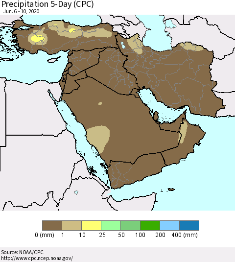 Middle East and Turkey Precipitation 5-Day (CPC) Thematic Map For 6/6/2020 - 6/10/2020