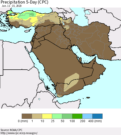 Middle East and Turkey Precipitation 5-Day (CPC) Thematic Map For 6/11/2020 - 6/15/2020