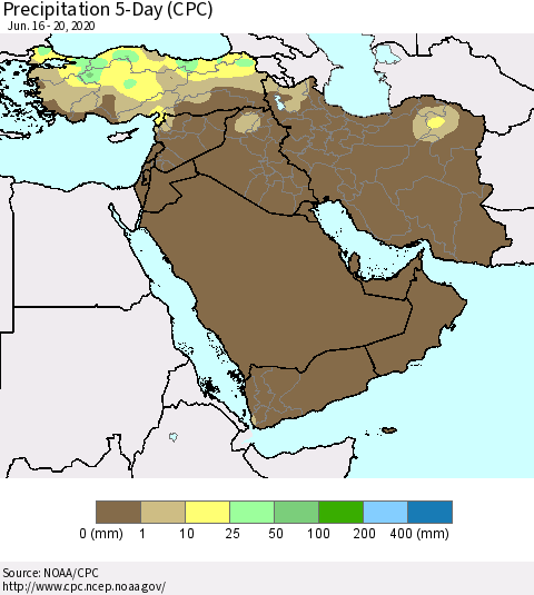 Middle East and Turkey Precipitation 5-Day (CPC) Thematic Map For 6/16/2020 - 6/20/2020