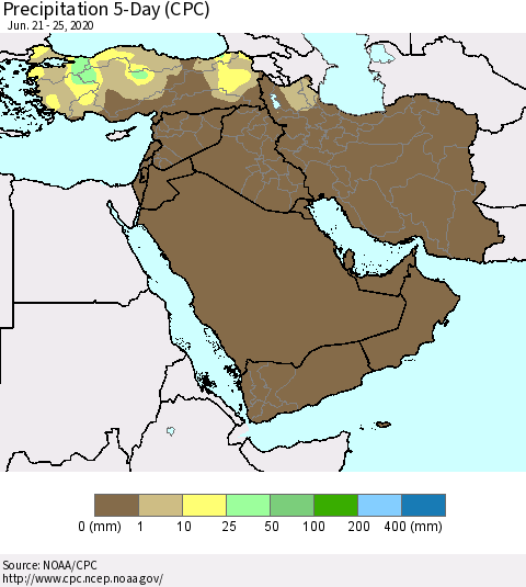 Middle East and Turkey Precipitation 5-Day (CPC) Thematic Map For 6/21/2020 - 6/25/2020