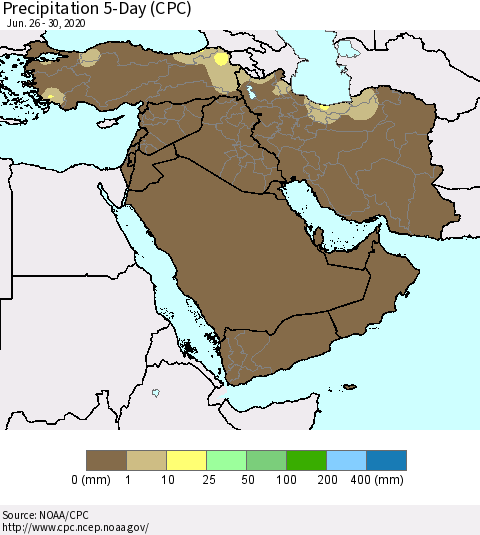 Middle East and Turkey Precipitation 5-Day (CPC) Thematic Map For 6/26/2020 - 6/30/2020