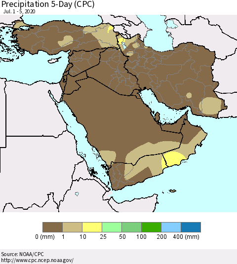 Middle East and Turkey Precipitation 5-Day (CPC) Thematic Map For 7/1/2020 - 7/5/2020