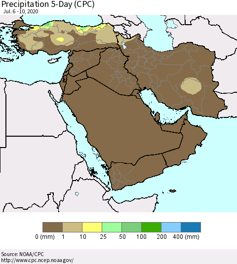 Middle East and Turkey Precipitation 5-Day (CPC) Thematic Map For 7/6/2020 - 7/10/2020