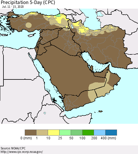 Middle East and Turkey Precipitation 5-Day (CPC) Thematic Map For 7/11/2020 - 7/15/2020