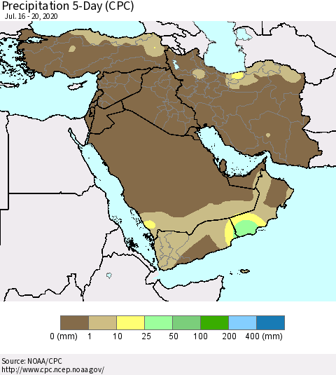Middle East and Turkey Precipitation 5-Day (CPC) Thematic Map For 7/16/2020 - 7/20/2020