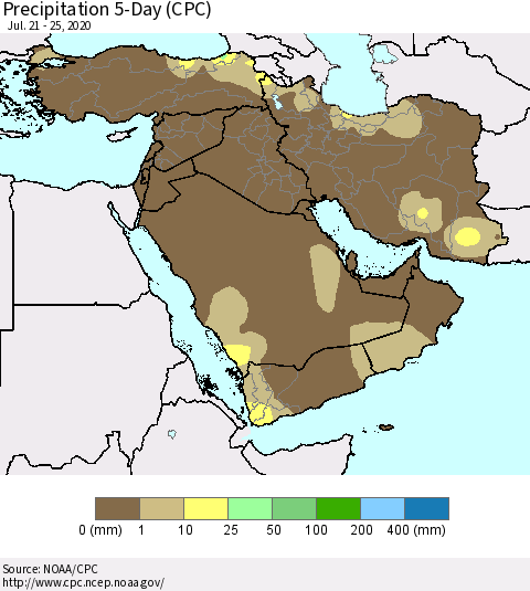 Middle East and Turkey Precipitation 5-Day (CPC) Thematic Map For 7/21/2020 - 7/25/2020