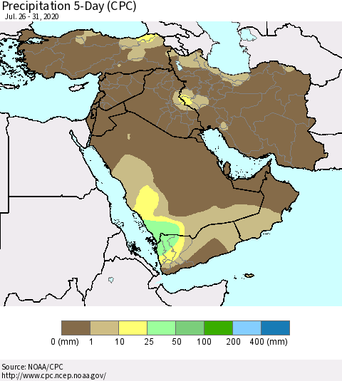Middle East and Turkey Precipitation 5-Day (CPC) Thematic Map For 7/26/2020 - 7/31/2020