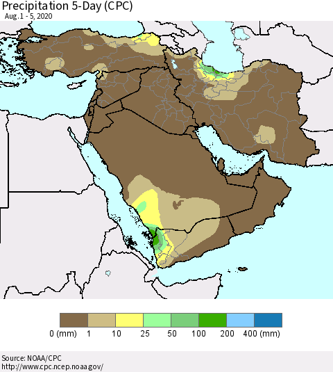 Middle East and Turkey Precipitation 5-Day (CPC) Thematic Map For 8/1/2020 - 8/5/2020