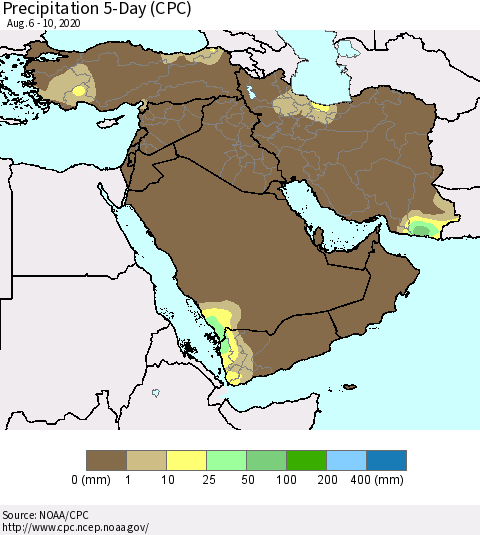 Middle East and Turkey Precipitation 5-Day (CPC) Thematic Map For 8/6/2020 - 8/10/2020