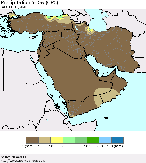 Middle East and Turkey Precipitation 5-Day (CPC) Thematic Map For 8/11/2020 - 8/15/2020