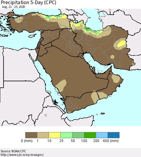 Middle East and Turkey Precipitation 5-Day (CPC) Thematic Map For 8/21/2020 - 8/25/2020