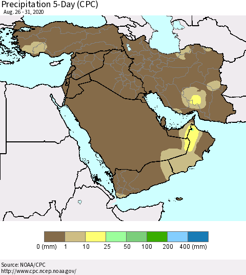 Middle East and Turkey Precipitation 5-Day (CPC) Thematic Map For 8/26/2020 - 8/31/2020