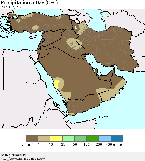 Middle East and Turkey Precipitation 5-Day (CPC) Thematic Map For 9/1/2020 - 9/5/2020