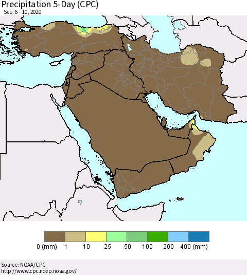 Middle East and Turkey Precipitation 5-Day (CPC) Thematic Map For 9/6/2020 - 9/10/2020