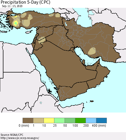 Middle East and Turkey Precipitation 5-Day (CPC) Thematic Map For 9/11/2020 - 9/15/2020