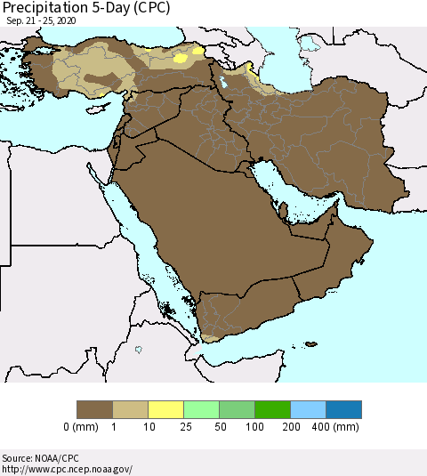 Middle East and Turkey Precipitation 5-Day (CPC) Thematic Map For 9/21/2020 - 9/25/2020