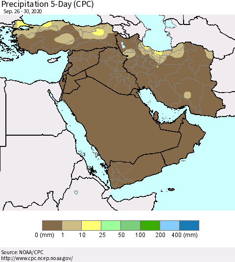 Middle East and Turkey Precipitation 5-Day (CPC) Thematic Map For 9/26/2020 - 9/30/2020