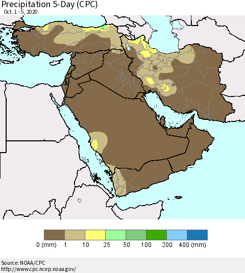 Middle East and Turkey Precipitation 5-Day (CPC) Thematic Map For 10/1/2020 - 10/5/2020