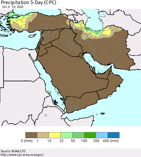 Middle East and Turkey Precipitation 5-Day (CPC) Thematic Map For 10/6/2020 - 10/10/2020
