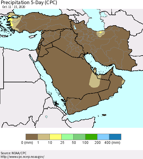 Middle East and Turkey Precipitation 5-Day (CPC) Thematic Map For 10/11/2020 - 10/15/2020