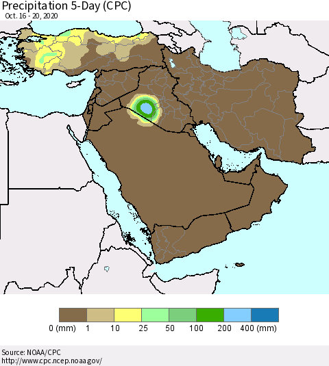 Middle East and Turkey Precipitation 5-Day (CPC) Thematic Map For 10/16/2020 - 10/20/2020