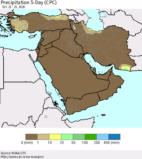 Middle East and Turkey Precipitation 5-Day (CPC) Thematic Map For 10/21/2020 - 10/25/2020