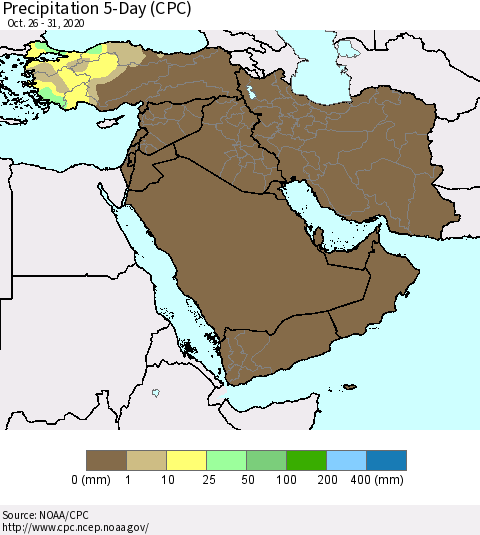 Middle East and Turkey Precipitation 5-Day (CPC) Thematic Map For 10/26/2020 - 10/31/2020