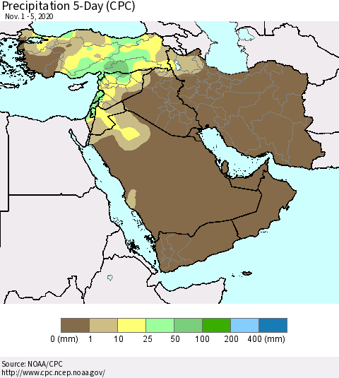Middle East and Turkey Precipitation 5-Day (CPC) Thematic Map For 11/1/2020 - 11/5/2020