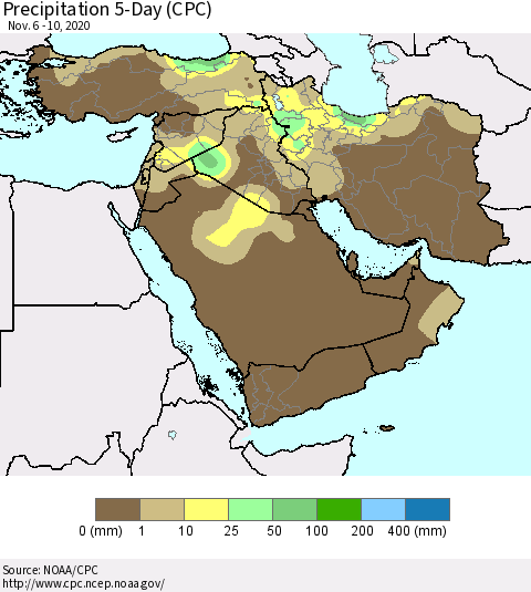 Middle East and Turkey Precipitation 5-Day (CPC) Thematic Map For 11/6/2020 - 11/10/2020