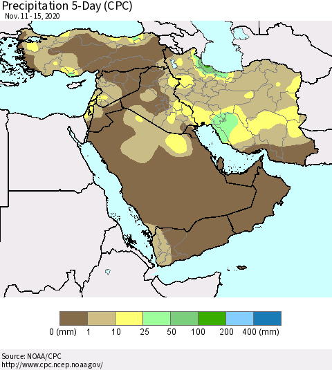 Middle East and Turkey Precipitation 5-Day (CPC) Thematic Map For 11/11/2020 - 11/15/2020