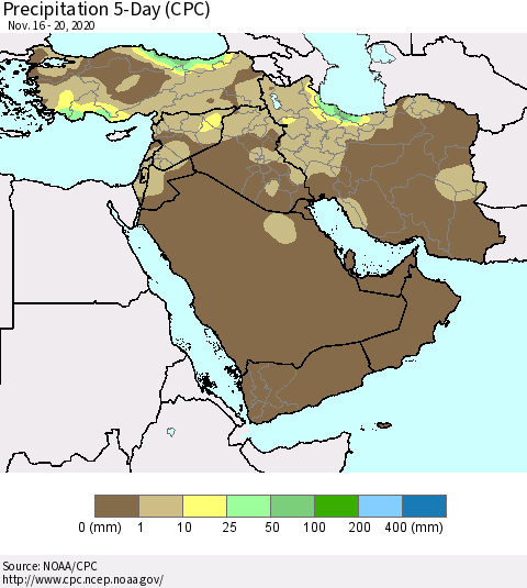 Middle East and Turkey Precipitation 5-Day (CPC) Thematic Map For 11/16/2020 - 11/20/2020