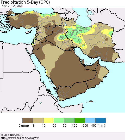 Middle East and Turkey Precipitation 5-Day (CPC) Thematic Map For 11/21/2020 - 11/25/2020