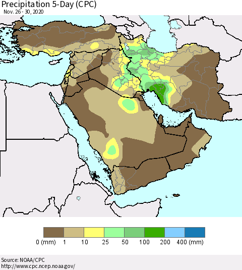 Middle East and Turkey Precipitation 5-Day (CPC) Thematic Map For 11/26/2020 - 11/30/2020