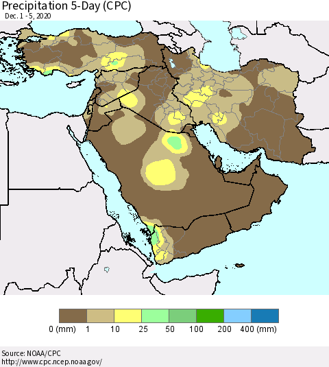 Middle East and Turkey Precipitation 5-Day (CPC) Thematic Map For 12/1/2020 - 12/5/2020