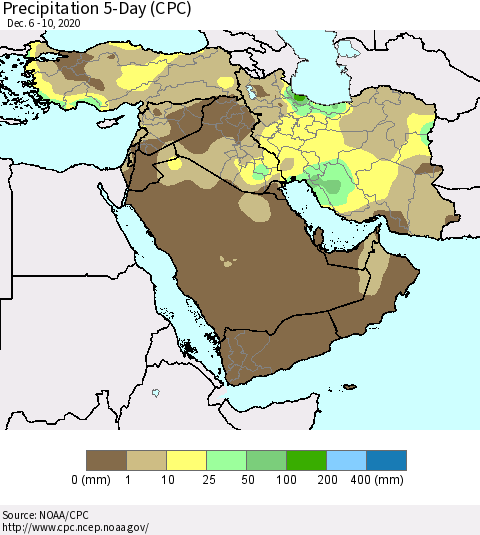 Middle East and Turkey Precipitation 5-Day (CPC) Thematic Map For 12/6/2020 - 12/10/2020