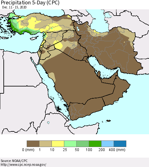 Middle East and Turkey Precipitation 5-Day (CPC) Thematic Map For 12/11/2020 - 12/15/2020