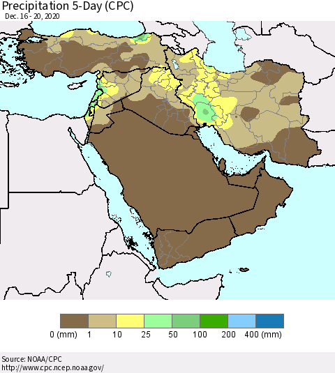 Middle East and Turkey Precipitation 5-Day (CPC) Thematic Map For 12/16/2020 - 12/20/2020